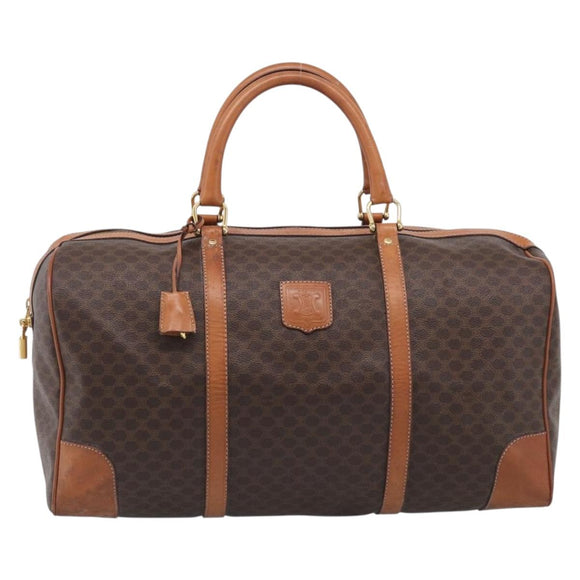 CELINE Macadam Canvas Boston Bag PVC Leather Brown Gold Auth ka7143