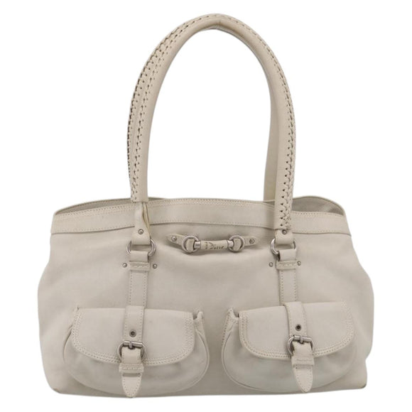 Christian Dior Hand Bag Leather White Silver Auth ka7183