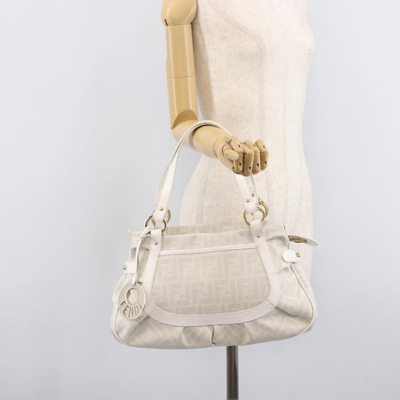 FENDI Zucca Canvas Hand Bag Leather White Gold Auth ka7231A
