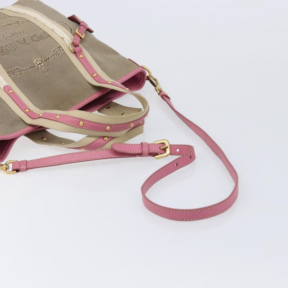 PRADA Hand Bag Canvas 2way Beige Gold Auth ka7234A