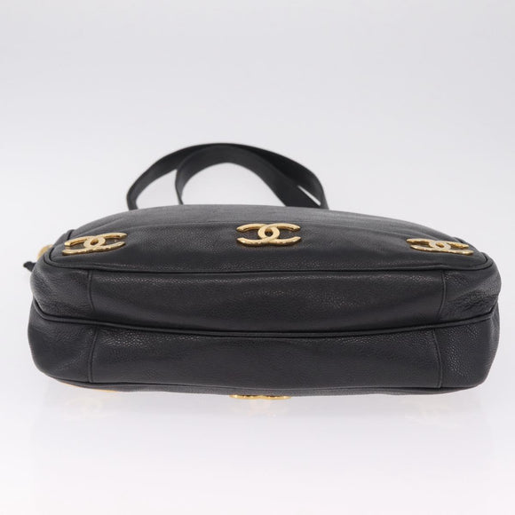 CHANEL Triple Coco Chain Shoulder Bag Caviar Skin Black Gold CC Auth ka7237V