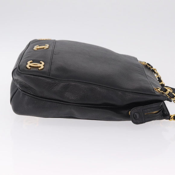 CHANEL Triple Coco Chain Shoulder Bag Caviar Skin Black Gold CC Auth ka7237V