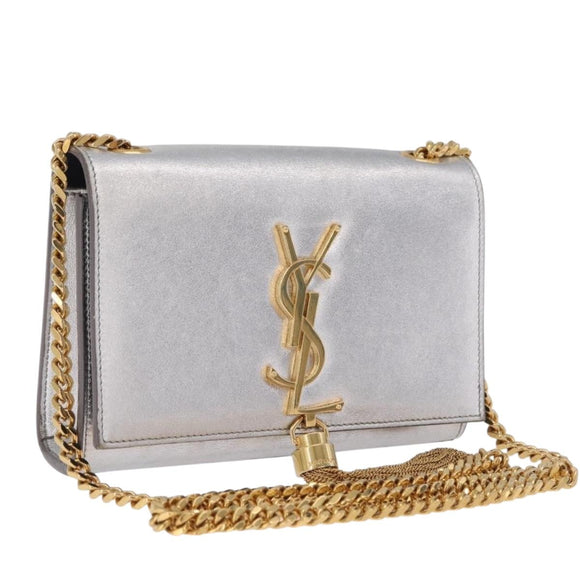 Saint Laurent Kate Tassel Chain Shoulder Bag Leather Silver Gold Auth ka7241A