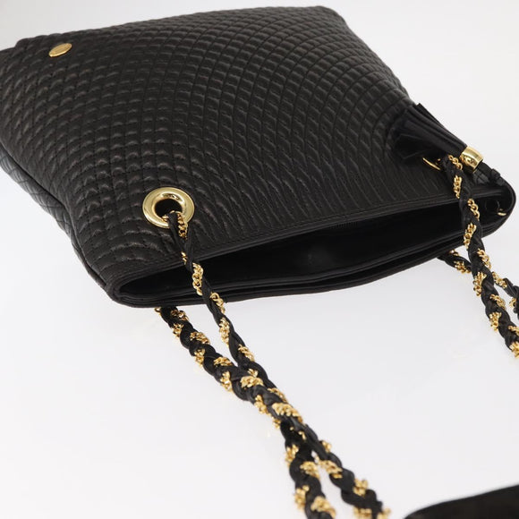 BALLY Quilted Chain Shoulder Bag Leather Black Gold Auth ka727