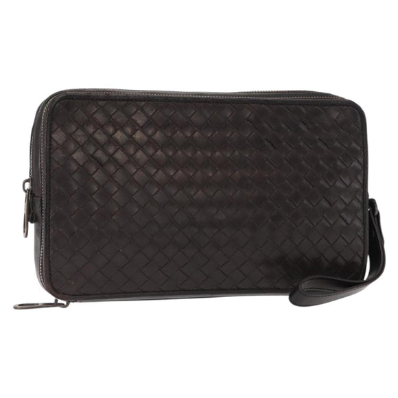 BOTTEGA VENETA INTRECCIATO Clutch Bag Leather Dark Brown Auth ka742