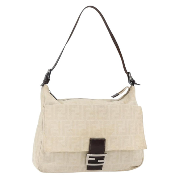 FENDI Zucca Canvas Mamma Baguette Shoulder Bag Beige Silver Auth ka745