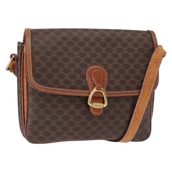 CELINE Macadam Canvas Shoulder Bag PVC Leather Brown Gold Auth ka776