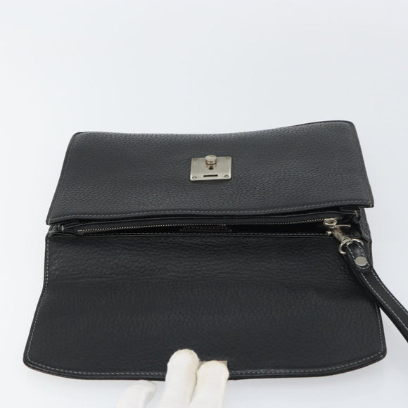 Burberrys Clutch Bag Leather Black Auth ka790