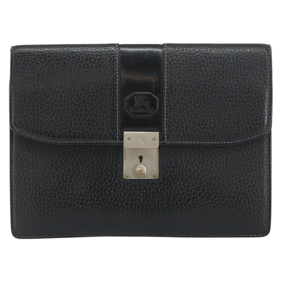 Burberrys Clutch Bag Leather Black Auth ka790
