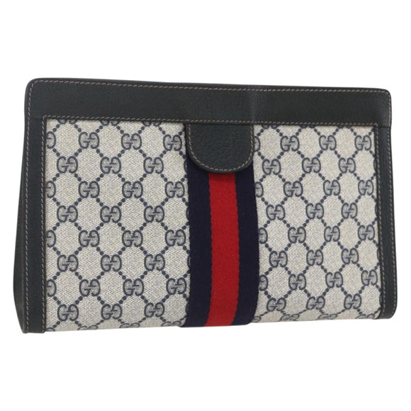 GUCCI GG Supreme Sherry Line Clutch Bag PVC Navy Red 84 014 2125 23 Auth ka792