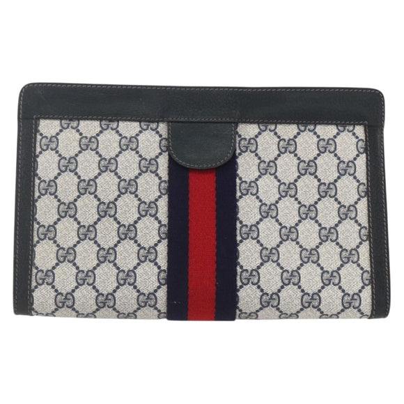 GUCCI GG Supreme Sherry Line Clutch Bag PVC Navy Red 84 014 2125 23 Auth ka792