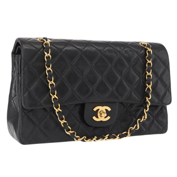CHANEL Chain Matelasse 25 Shoulder Bag Lamb Skin Black Gold CC Auth ka829SAV
