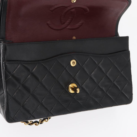 CHANEL Chain Matelasse 25 Shoulder Bag Lamb Skin Black Gold CC Auth ka829SAV