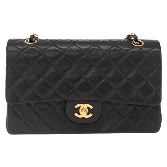 CHANEL Chain Matelasse 25 Shoulder Bag Lamb Skin Black Gold CC Auth ka829SAV