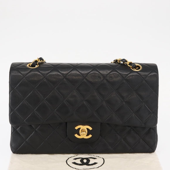 CHANEL Chain Matelasse 25 Shoulder Bag Lamb Skin Black Gold CC Auth ka829SAV