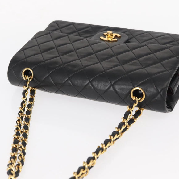 CHANEL Chain Matelasse 25 Shoulder Bag Lamb Skin Black Gold CC Auth ka829SAV
