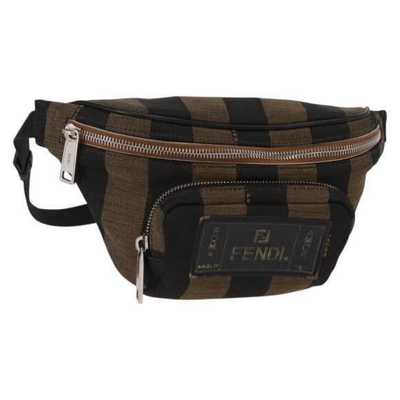 FENDI Pecan Canvas Body Bag Brown Black Silver Auth ka880