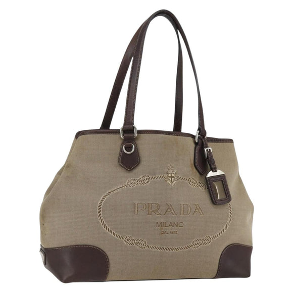 PRADA Tote Bag Canvas Beige Silver Auth ka887