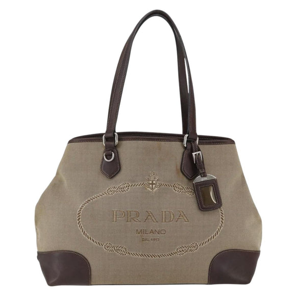 PRADA Tote Bag Canvas Beige Silver Auth ka887