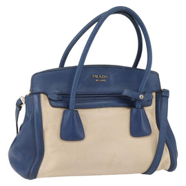 PRADA Hand Bag Canvas 2way Beige Blue Auth ka891