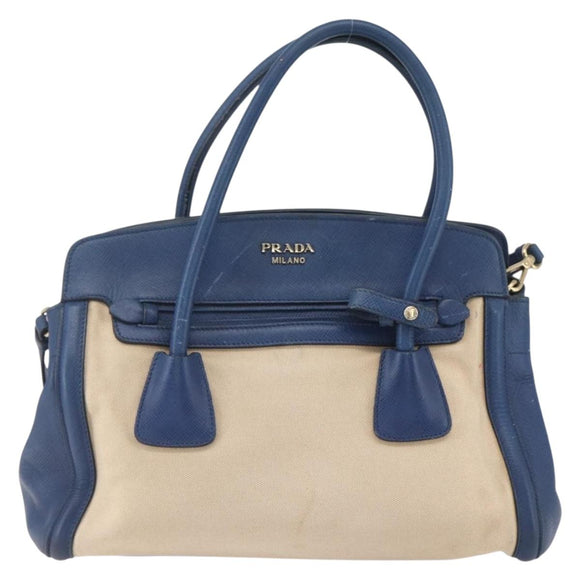 PRADA Hand Bag Canvas 2way Beige Blue Auth ka891