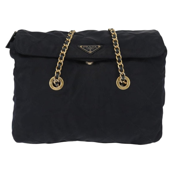 PRADA Chain Shoulder Bag Nylon Navy Gold Auth ka893