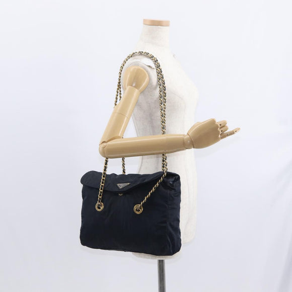 PRADA Chain Shoulder Bag Nylon Navy Gold Auth ka893