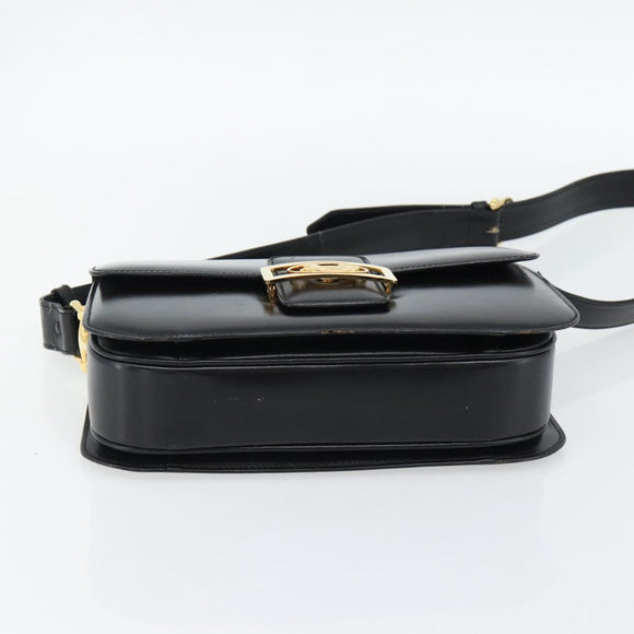 CELINE Horse Carriage Shoulder Bag Leather Black Gold Auth ka895