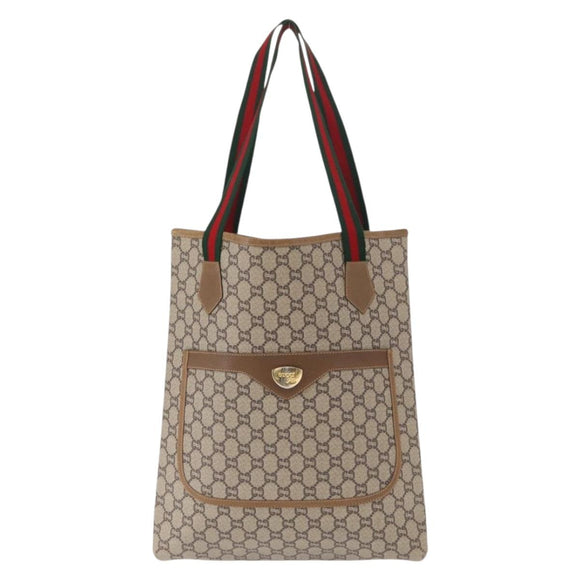 GUCCI GG Plus Supreme Web Sherry Line Tote Bag PVC Beige Gold Auth ka901