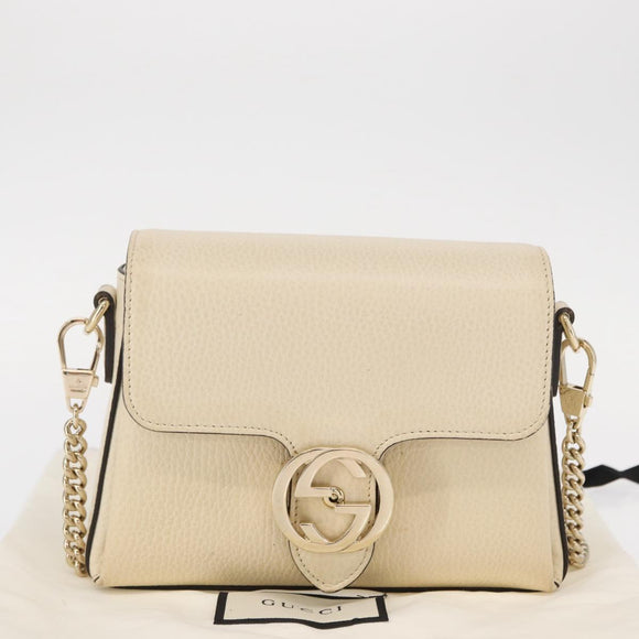 GUCCI Chain Shoulder Bag Leather Beige Gold 607720 Auth ka909