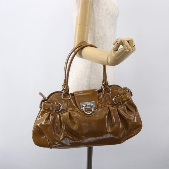 Salvatore Ferragamo Gancini Shoulder Bag Patent leather Brown Silver Auth ka928
