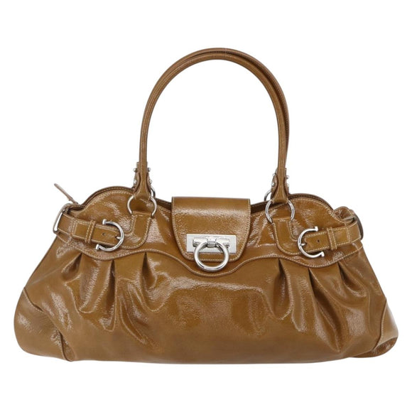 Salvatore Ferragamo Gancini Shoulder Bag Patent leather Brown Silver Auth ka928