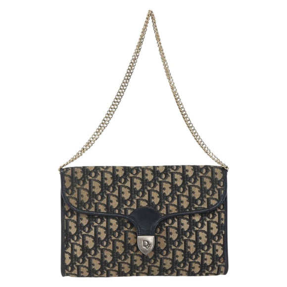 Christian Dior Trotter Canvas Chain Shoulder Bag Navy Gold Auth ka934
