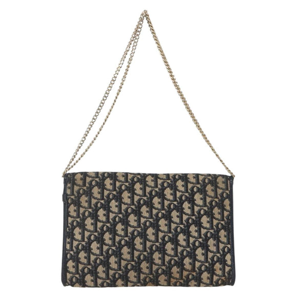 Christian Dior Trotter Canvas Chain Shoulder Bag Navy Gold Auth ka934