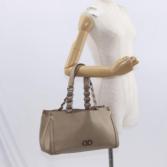Salvatore Ferragamo Tote Bag Leather Beige Silver Auth ka939