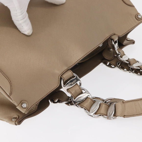 Salvatore Ferragamo Tote Bag Leather Beige Silver Auth ka939