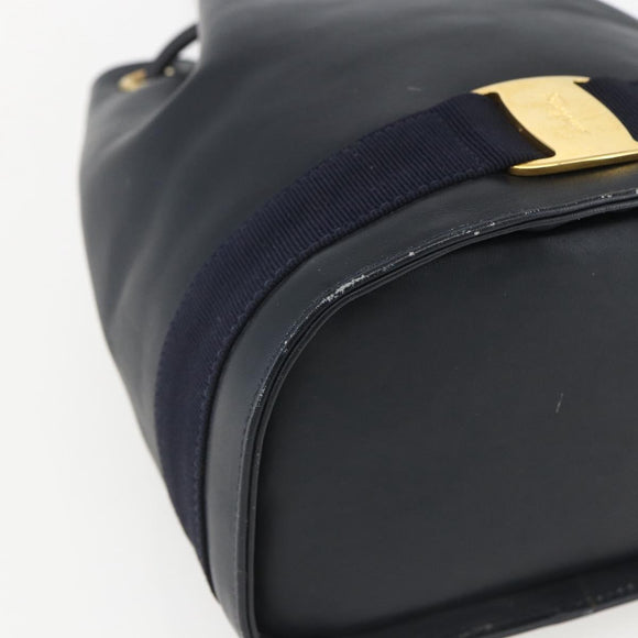 Salvatore Ferragamo Backpack Leather Navy Gold Auth ka976
