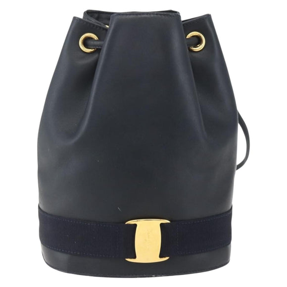Salvatore Ferragamo Backpack Leather Navy Gold Auth ka976