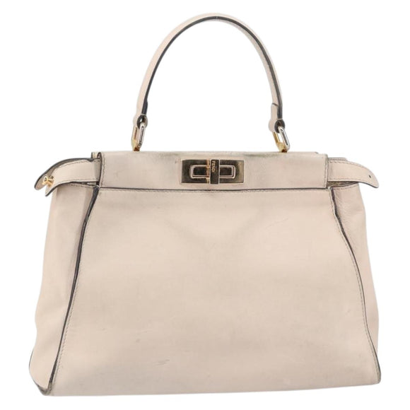 FENDI Hand Bag Leather Beige Gold Auth ka992