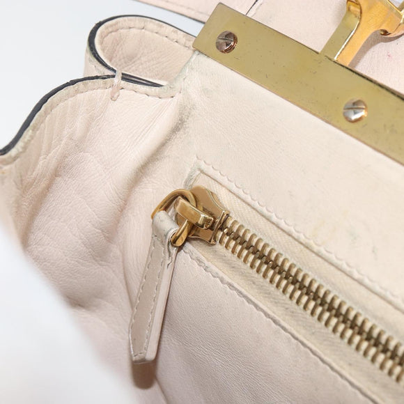 FENDI Hand Bag Leather Beige Gold Auth ka992