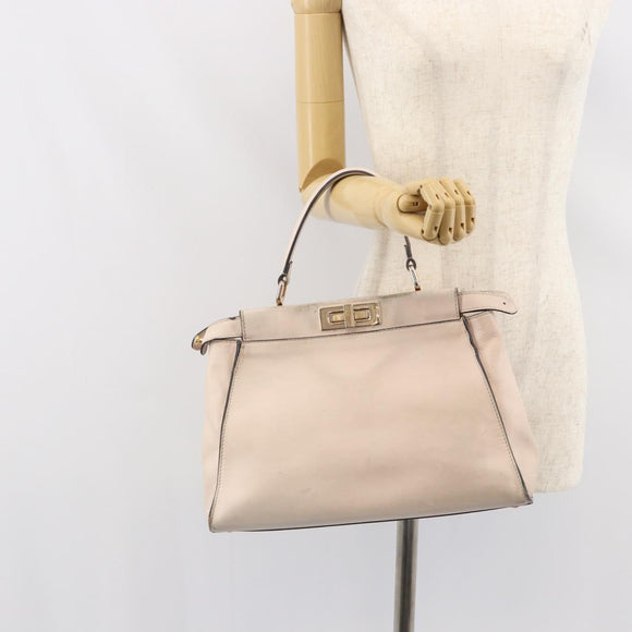 FENDI Hand Bag Leather Beige Gold Auth ka992