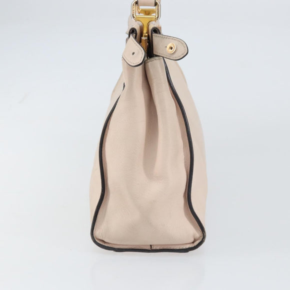FENDI Hand Bag Leather Beige Gold Auth ka992