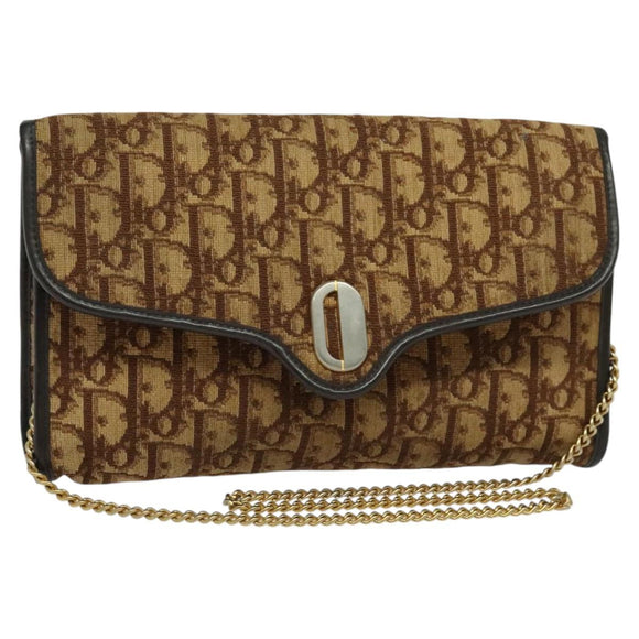 Christian Dior Trotter Canvas Chain Shoulder Bag Brown Gold Auth KD047