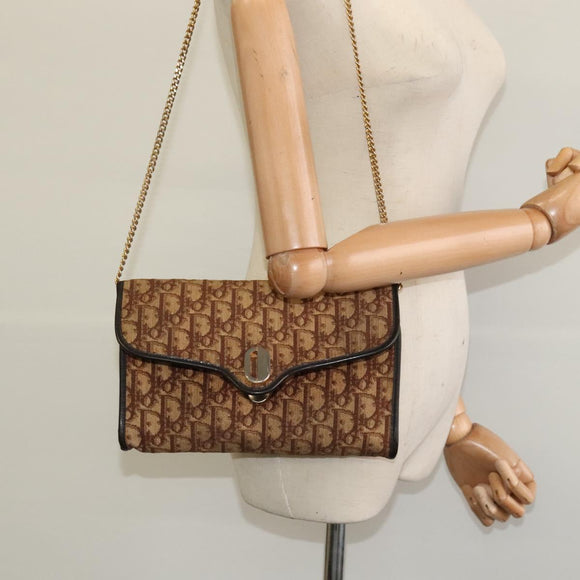Christian Dior Trotter Canvas Chain Shoulder Bag Brown Gold Auth KD047