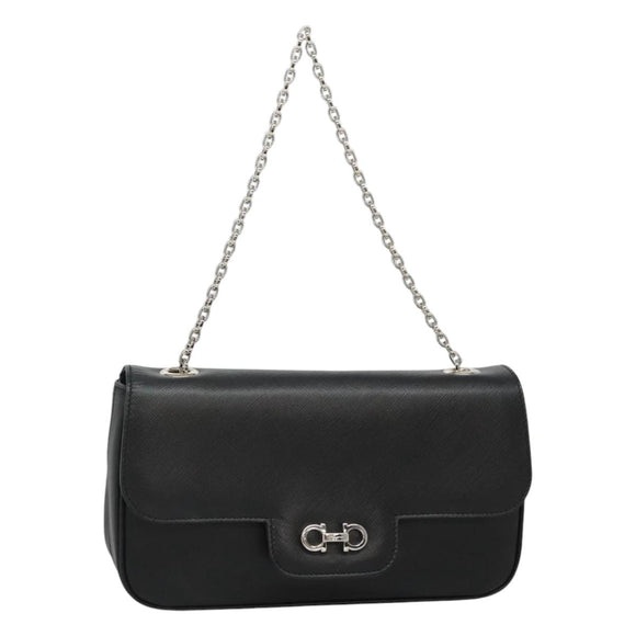 Salvatore Ferragamo Gancini Chain Shoulder Bag Leather Black Silver Auth KD060