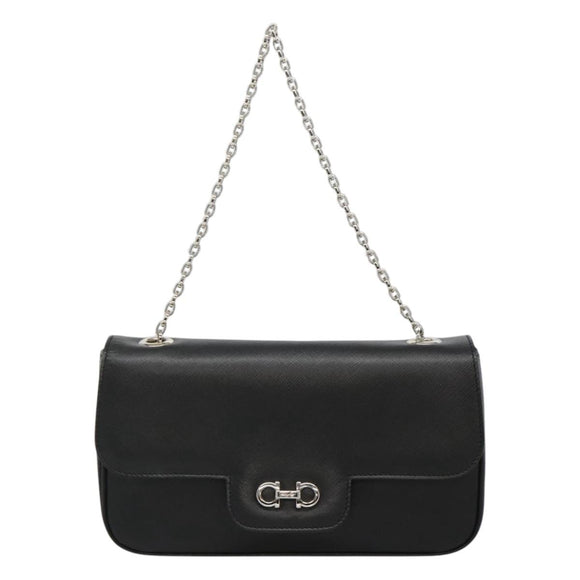 Salvatore Ferragamo Gancini Chain Shoulder Bag Leather Black Silver Auth KD060