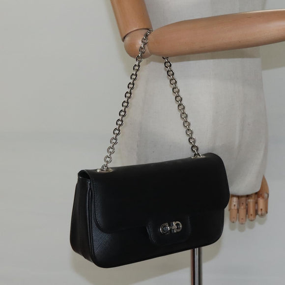 Salvatore Ferragamo Gancini Chain Shoulder Bag Leather Black Silver Auth KD060