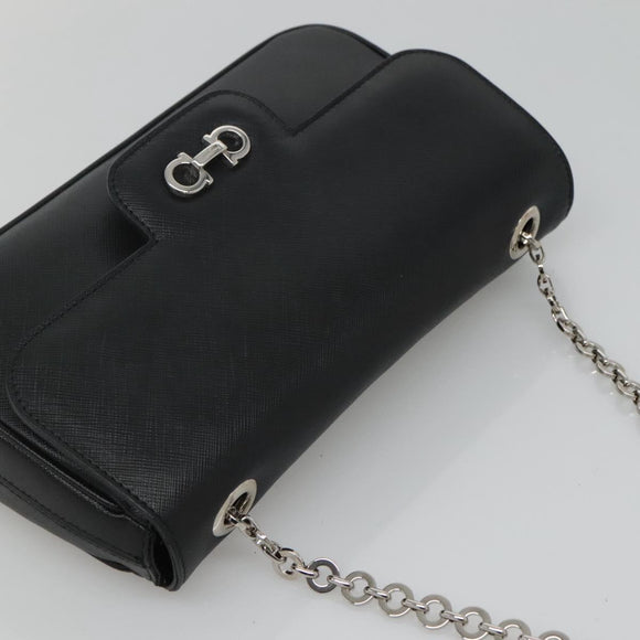 Salvatore Ferragamo Gancini Chain Shoulder Bag Leather Black Silver Auth KD060