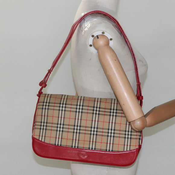 Burberrys Nova Check Shoulder Bag Canvas Leather Beige Red Auth KD063