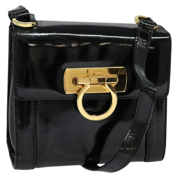 Salvatore Ferragamo Gancini Shoulder Bag Enamel Black Gold Auth KD105